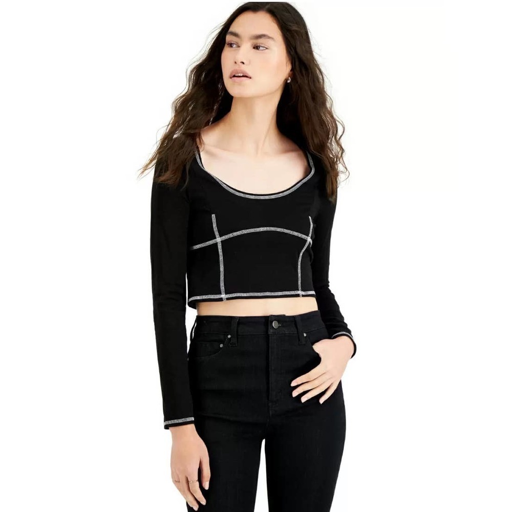 Derek Heart Juniors' Cropped Top Black Long Sleeve Size L cottage core